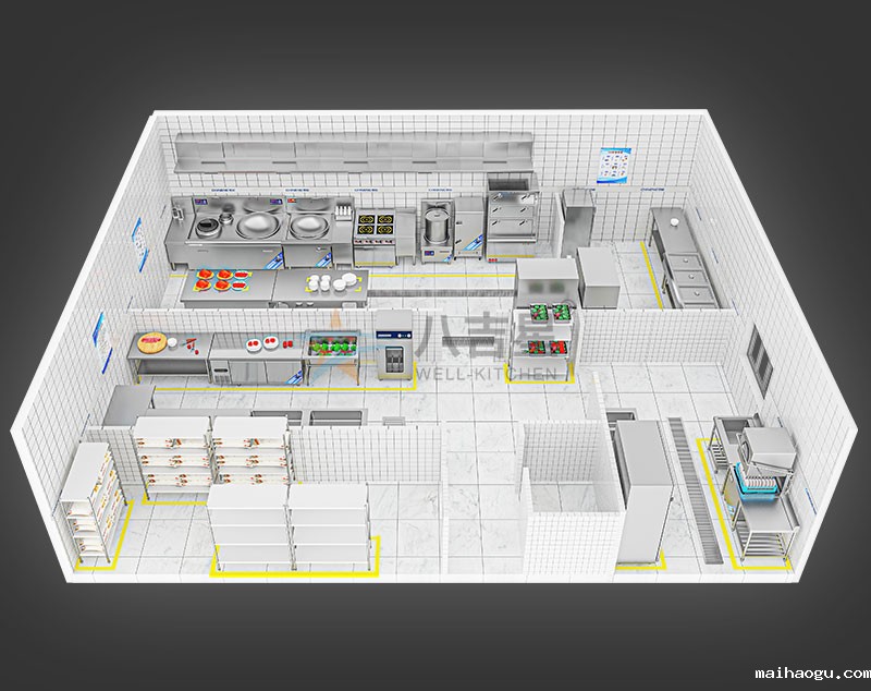 150-200人公司食堂厨房工程3d效果图
